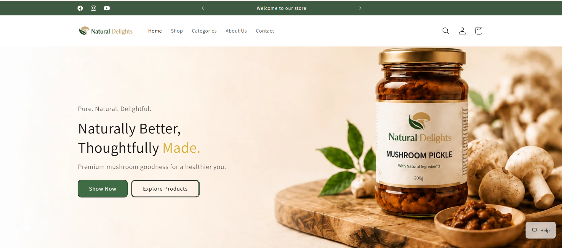 Natural Delights Shopify storefront featuring mushroom pickle